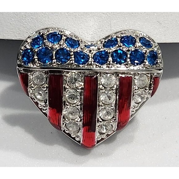 Swarovski Patriotic Crystal Heart Brooch Pin W/Red White & Blue Crystals - Picture 1 of 5
